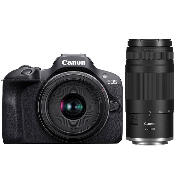 EOS R100 Mirrorless Camera with RF-S 18-45mm Lens and RF 75-300mm Lens Product Image (Primary)
