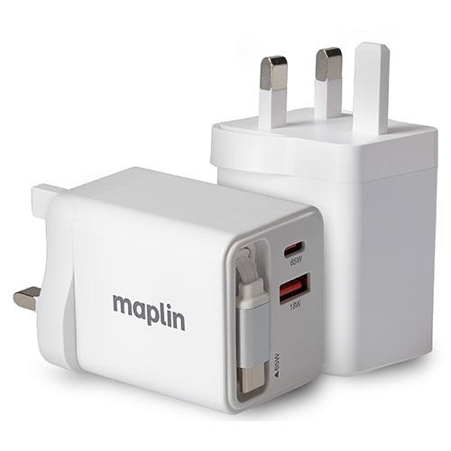 65W Two Port USB Wall Charger with Built-in Retractable USB-C Cable Product Image (Primary)