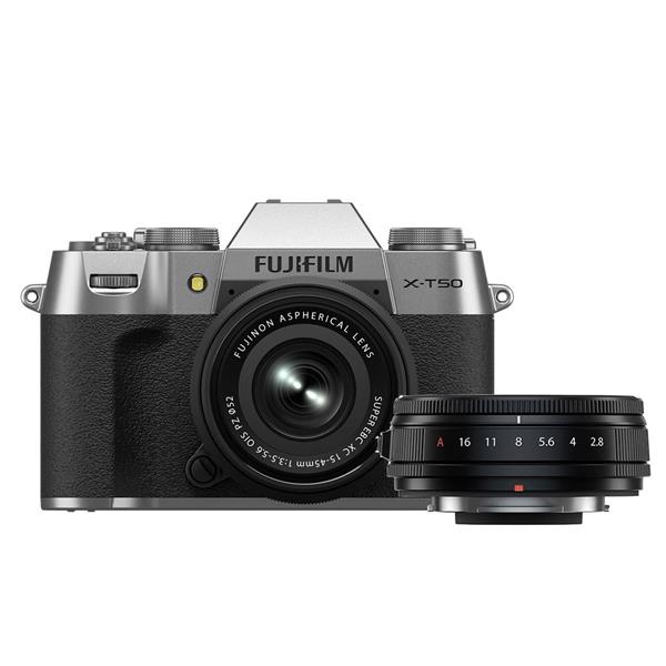 X-T50 Mirrorless Camera in Silver with XC15-45mm Lens and XF23mm F2.8 R WR Lens Product Image (Primary)