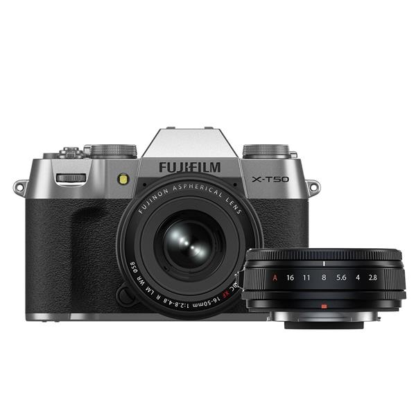 X-T50 Mirrorless Camera in Silver with XF16-50mm WR Lens and XF23mm F2.8 R WR Lens Product Image (Primary)